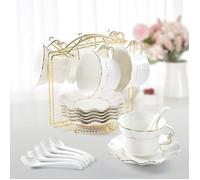 Ensemble De 6 Tasses À Thé Et Soucoupes(200Ml),Tasse À Thé De Luxe Avec Bordure Dorée,Tasses À Café À Impression En Relief,E[CA16]