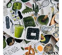 Ensemble de 60 autocollants d'alimentation saine pour les filles disciplinées : aliments verts, valises, ordinateurs portables, albums de découpage, journaux intimes, bouteilles d'eau, équipement de g
