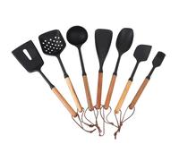 ENSEMBLE DE 7 ACCESSOIRES DE CUISINE EN SILICONE RÉSISTANTS AUX HAUTE TEMPÉRATURES AVEC POIGNÉES EN BOIS POUR FRITURE, CUISSON ET SERVIR