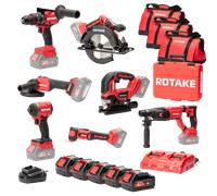 Ensemble de 7 machines ROTAKE 18V - Perceuse visseuse à percussion D2H + Meuleuse 125 + PERFORATEUR + Scie circulaire + Visseuse à chocs + Scie sauteuse + Outil multifonction - ROTAKE - avec 3 batteri