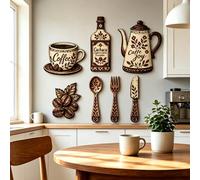 Ensemble de 7 pièces de décoration murale en bois créative, comprenant des designs de fourchette, tasse à café et verre à vin - colle ronde adhésive incluse ! Convient pour la décoration murale de cui