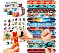 Ensemble de 72 pièces de fête dragon | 48 tatouages temporaires prédécoupés et 24 bracelets Slap Fun Fantasy Fournitures d'anniversaire sur le thème de la fantaisie, cadeaux de fête prénatale