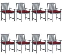 Ensemble de 8 chaises de jardin en bois d'acacia gris, avec coussins de siège bordeaux. Dimensions : 61 x 57 x 92 cm. Design moderne, robustes et durables, idéales pour la terrasse, le balcon ou le ca