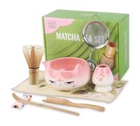 Ensemble de 8 pièces - Bol à matcha en céramique avec motif chat - Balai et accessoires - Ensemble complet de balais japonais - Idée cadeau pour les femmes et les amateurs de matcha