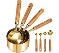 Ensemble de 8 tasses et cuillères à mesurer, manche en bois, avec mesures métriques et américaines, finition polie dorée