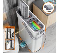 Ensemble de balai 2 en 1 avec seau, ensemble de serpillière avec seau, avec 2 tampons de serpillière en microfibre et manche en acier inoxydable de 143 cm, seau de nettoyage avec serpillière, serpilli