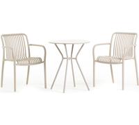 Ensemble de balcon comprenant une table ronde en acier de 60 cm de diamètre et deux chaises empilables en résine renforcée de fibre de verre – design moderne, robuste et peu encombrant, idéal pour le