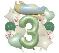 Ensemble de ballons en forme de chiffre 3 en forme de avion, vert olive, pour 3e anniversaire, décoration de fête sur le thème des véhicules