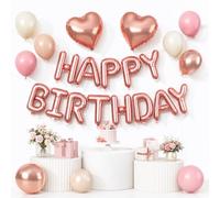 Ensemble de bannières de ballons « Happy Birthday » avec ballons métalliques en aluminium et formes de cœur - Kit complet de décorations de fête bohème doré rose neutre pour femmes et événements