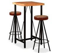 Ensemble de bar 3 pcs Bois d acacia Cuir véritable et toile Brun G