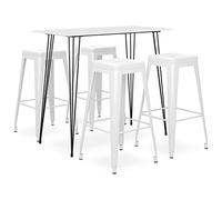 Ensemble de Bar 5 pièces Blanc, Table de Bar MDF avec Cadre métallique Enduit de Poudre, tabourets de comptoir empilables en métal Peint, Design Moderne pour Maison, Jardin,