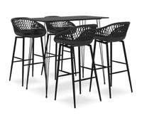 Ensemble de Bar 5 pièces Noir, Table Bar Moderne MDF avec Cadre métallique Enduit de Poudre, tabourets de comptoir Maille Noire en PP Robuste, Dossier Bas Ergonomique, Charge Max