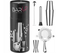 HENDI Set de bar dans un tube, BarUp, outils pour barman: shaker Boston, passoire Hawthorne, jigger double, pilon et cuillère à cocktail en spirale avec disque pilon, ø120x(H)320mm, inox