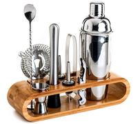 Ensemble de barman - PZCC - Shaker 550 ml (kit 10) - Acier inoxydable SS304/SS430 - Support bambou - Argent/Marron
