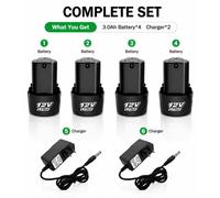 Ensemble de batteries lithium-ion rechargeables - 12 V, 3,0 Ah - 4 batteries - 2 chargeurs - Protection BMS intelligente - Pour outils sans fil