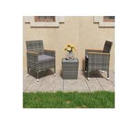 vidaXL Ensemble Bistro 3 pièces Poly rotin et verre trempé Gris