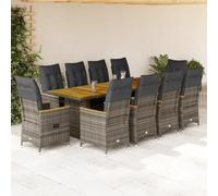 Ensemble de bistro de jardin 11 pcs en poly rotin gris avec coussins, fauteuils inclinables, table en bois d'acacia, mobilier extérieur pour terrasse, balcon, repas, détente et conversation