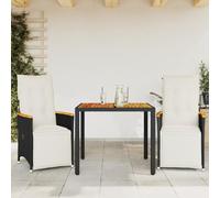 Ensemble de bistro de jardin 3 pièces en poly rotin noir avec coussins crème, fauteuils inclinables, table en bois d'acacia, mobilier extérieur pour terrasse, balcon, patio, salon de détente
