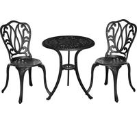 Ensemble de bistrot 3 pièces en fonte d'aluminium, 2 chaises + table, noir, style rétro avec finition aspect fer forgé, table avec trou pour parasol de 5 cm, patins de protection réglables