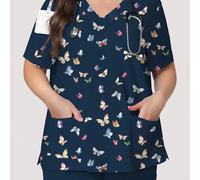 Ensemble de blouse de travail grande taille décontracté avec imprimé papillon texture aquarelle bleu marine, Top de travail mode pour femmes col V manches courtes double poche design boucle, printemps