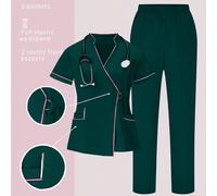 Ensemble de blouses de travail : Top à col en V à manches courtes et pantalon, uniforme de travail pour les professionnels de santé L,M,S,XL,XXLUnicoloreTissu tissé