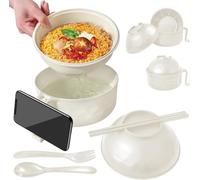 Ensemble de bols à ramen pour micro-ondes - Bol à nouilles avec baguettes - Passe au micro-ondes - Bol à ramen - Bol de cuisson à micro-ondes - Bol de cuisson à ramen avec couvercle (beige)