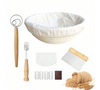 Ensemble de bols de levage en rotin, comprenant un panier à pain rond de 9 pouces avec doublure en tissu, un grattoir à pâte, un fouet à pâte et une lame à pain, tous les outils essentiels pour la fab