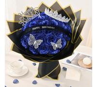 Ensemble de bouquet de roses bleues pailletées 19/67/74 pièces, cadeau d'anniversaire pour maman, bouquet de fleurs artificielles DIY, roses bleues, cadeau pour grand-mère, épouse, amie, bouquet de ma