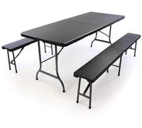 Ensemble de brasserie 180 cm, 1 table, 2 bancs - Ensemble de table pliante pour l'extérieur - Pliable - Structure en fer - Surface en PVC - Pour jusqu'à 8 personnes - Rectangulaire - Noir