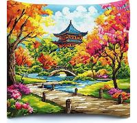 Ensemble De Broderie Coussin Au Point De Croix Kits De Points De Croix Estampillés,Kit de coussin canevas toile à gros trous,Kit De Broderie À Faire Soi-Même 45x45cm,Paysage de parc japonais