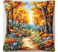 Ensemble De Broderie Coussin Au Point De Croix Kits De Points De Croix Estampillés,Kit de coussin canevas toile à gros trous,Kit De Broderie À Faire Soi-Même 45x45cm,Scène d'automne dans la forêt
