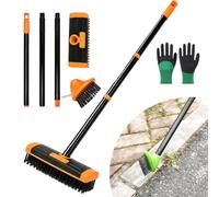 Ensemble de brosse polyvalente 3 en 1 avec tête métallique et racloir, outil de nettoyage de la mousse, poignée amovible pour jardin, allée, orange