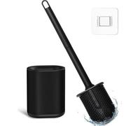 Ensemble de brosses de toilettes en silicone noir – Brosses et supports de toilettes en silicone avec des poils souples et flexibles et un long manche en plastique antidérapant – Brosse de toilettes e