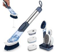 Ensemble de brosses multifonctions pour le nettoyage de la cuisine Unyqoos®, avec distributeur de liquide vaisselle, 4 têtes interchangeables (mousse, grattoir, tissu, TPR), manche et support en acier
