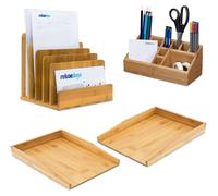 Ensemble de bureau 4 pièces, en bambou, comprenant 2 bacs à courrier pour format A4, un organiseur de bureau et un porte-documents sur pied, couleur naturelle