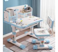 Ensemble de bureau et chaise pour enfants, fonctionnel, avec bureau et chaise d'étude réglables en hauteur, motifs de dessins animés, grand tableau blanc, étagère à livres et bac à livres, couleur ble