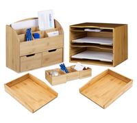 Ensemble de bureau XXL en bambou, 5 pièces : 2 porte-documents pour format A4, 2 organiseurs à compartiments, un porte-cartes de visite, couleur naturelle