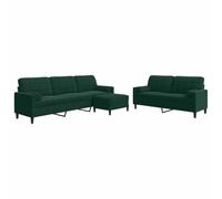Ensemble de canapé 3 pièces avec coussins et traversins en velours vert | Housse en velours, cadre en métal, avec traversin de nuque, repose-pieds, assises rembourrées, accoudoirs, coussin de dossier