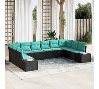 vidaXL Ensemble de canapés de jardin modulaire en polyrotin, 10 pièces, 9 places, noir et turquoise