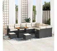 Ensemble De Canapé De Jardin 12 Pièces Avec Coussins Noir En Poly Rattan Acacia, Ensemble De Salle À Manger De Jardin 3 Pièces Avec Coussins Noir En Poly Rattan Acacia