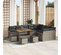Ensemble de canapé de jardin 13 pièces avec coussins en rotin poly gris et acacia, Ensemble de repas de jardin 4 pièces avec co