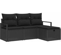 Ensemble de canapé de jardin modulaire 4 places, poly rotin noir, avec coussins, cadre acier, table réglable, rangement intégré