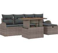 Ensemble de canapé de jardin modulaire 6 pièces, 5 places, poly rotin et bois d'acacia, idéal détente extérieure, coussins gris texturés