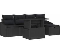 Ensemble de canapé de jardin modulaire 6 pièces, salon d'extérieur avec coussins, poly rotin noir texturé, capacité 5 personnes, pieds réglables
