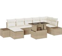 Ensemble de canapé de jardin modulaire 8 pcs, Poly rotin beige, avec rangements étanches, table à plateau réglable, 6 places