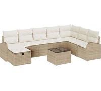 Ensemble de canapé de jardin modulaire, 8 places, poly rotin & bois d'acacia, avec rangements cachés, hauteur dos 69 cm, beige
