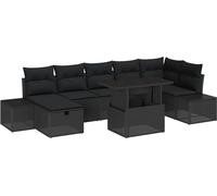 Ensemble de canapé de jardin modulaire, 8 places, polyrotin noir et bois d'acacia, résistant aux UV, avec table en verre, pouf, 845 kg max