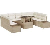 Ensemble de canapé de jardin modulaire 9 places, Poly rotin beige, avec rangements intégrés et table à hauteur réglable, 289x209x85 cm