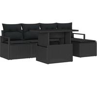 Ensemble de canapé de jardin modulaire, salon extérieur 4 places, poly rotin noir tressé main, table hauteur ajustable verre trempé, rangement intégré