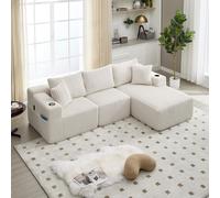 Ensemble de canapé modulaire avec chaise longue & 2 places, revêtement en velours côtelé doux, avec 5 coussins, poches latérales & porte-gobelets, mousse haute densité, combinaison DIY, idéal pour sal